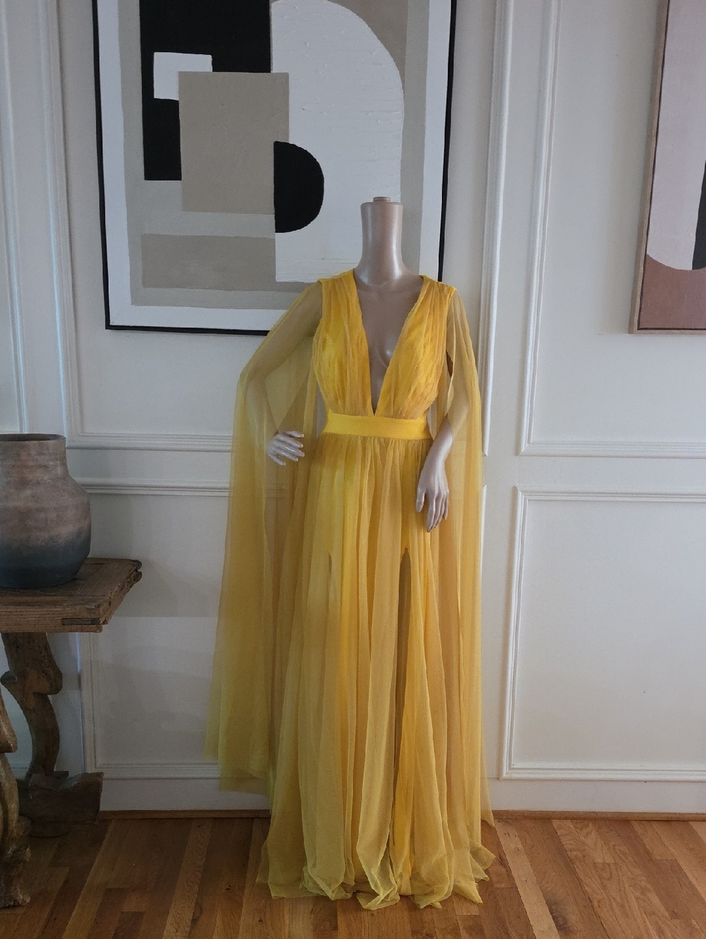 Elegant Yellow Maxi Gown with Draped Cape